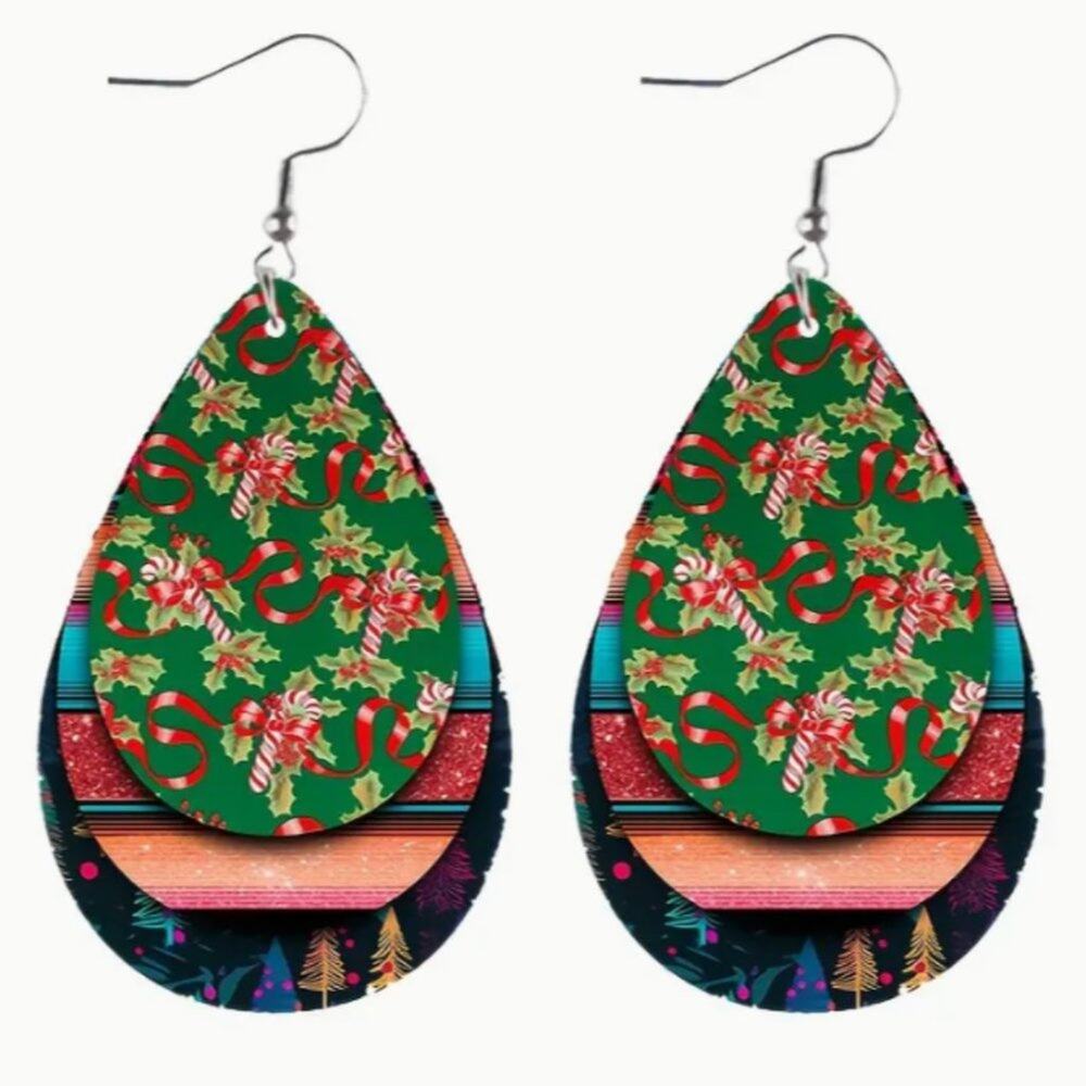 Set of 2 Christmas Teardrop Reversible PU Leather Hook Earrings C3, New!